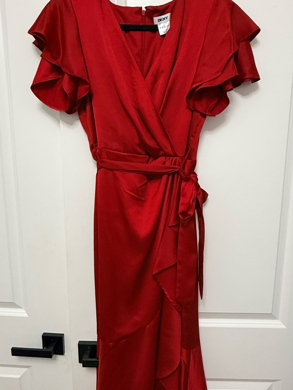 DKNY Red Wrap Midi Dress with Ruffle Sleeves and Tie Waist
